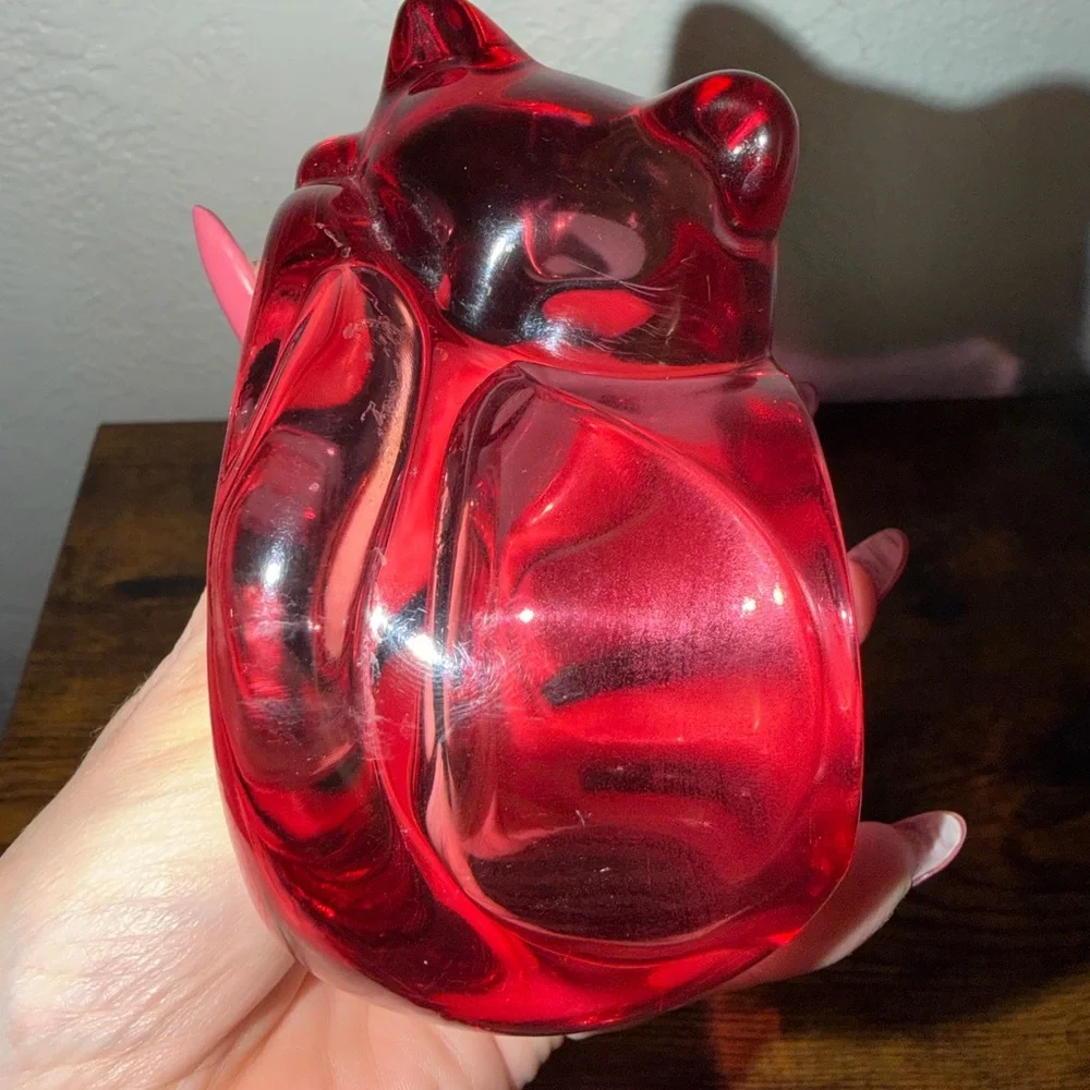 Vintage Indiana glass cat votive candle holder in cranberry pink 80’s decor - Picture 3 of 7